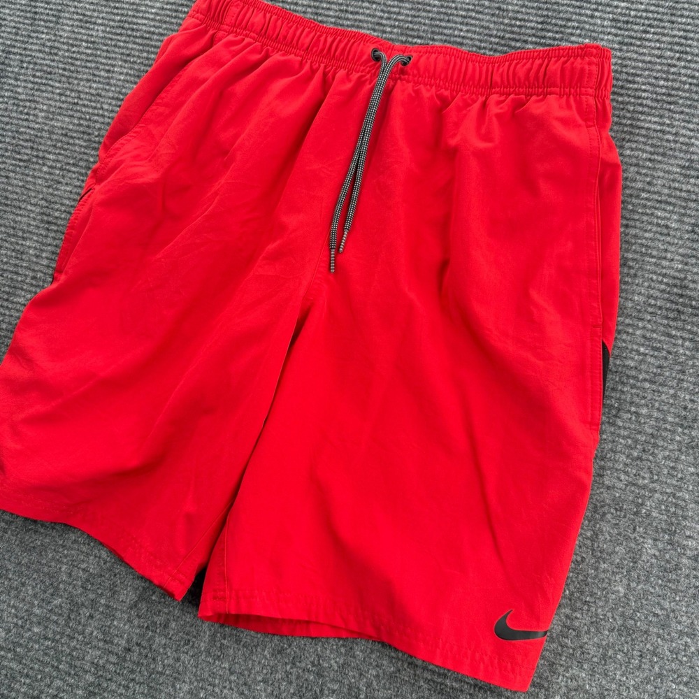 Nike Mens Large Red Black Swim Trunks Board Shorts Lined Pockets Athletic